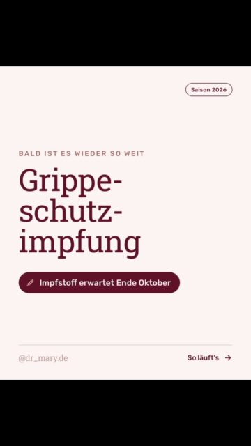 Die Grippesaison steht vor der Tür. 🍂🤧

Der Impfstoff soll Ende Oktober kommen. Sobald der Impfstoff zur Verfügung steht informieren wir Sie über die Homepage, über Instagram und wie immer über die Arztdirekt App!
Termine können Sie dann wie gewohnt online buchen. 📅 Weil unter der Woche nicht jeder Zeit hat, impfen wir auch an einigen Samstagen. 💉
Wir melden uns, sobald es losgeht! 👋

 #grippeimpfung #hausarzt #senden #impfen