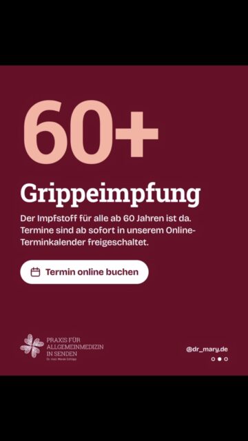 💉 Impfsaison ist eröffnet!

Der Grippeimpfstoff für alle ab 60 ist da 🙌
Termine können Sie ab sofort direkt online in unserem Terminkalender buchen 📅 Wenn der Impfstoff für unter 60 Jährige da ist, werden Sie selbstverständlich informiert.

🦠 Auch der Covid-19-Impfstoff ist verfügbar! Da es ihn weiterhin nur in Mehrdosenfläschchen gibt, vereinbaren Sie bitte telefonisch einen Termin bei Frau Friesen 📞. 

#grippeimpfung #covidimpfung #impfen #hausarztpraxis 

—

Ergänze gern noch einen Ortshashtag (z. B. euren Stadtteil), der bringt bei lokalen Praxis-Posts oft am meisten Reichweite. Falls ihr auf Instagram lieber siezt, passe ich den Text gern an.